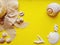 flat lay with straw hat and sea shells on a yellow background