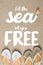 flat lay with summer flip flops and seashell on sand, let sea set you free inscription