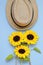 Flat lay with sunglasses, straw boater hat and bright big yellow sunflower on blue background. Travel summer concept. Copy space