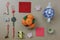 Flat lay of top decorations Chinese New Year festive background concept