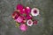 Flat lay top down view image of romantic vintage look of Spring and Summer flower petals and blooms still life on rustic old worn