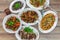 Flat lay top down view of table of authentic China Sichuan Hunan food. Assorted traditional dishes such as Fragrant Hotpot, crispy