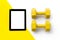 Flat lay top view dumbbells and tablet on white and yellow double background