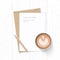 Flat lay top view elegant white composition letter kraft paper envelope coffee and pencil on wooden background