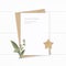 Flat lay top view elegant white composition letter kraft paper envelope flower leaf and star shape craft on wooden background