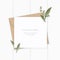 Flat lay top view elegant white composition letter kraft paper envelope nature leaf flower plant on wooden background
