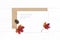 Flat lay top view elegant white composition letter kraft paper envelope pine cone leaf autumn maple leaf on wooden background
