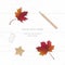 Flat lay top view elegant white composition paper autumn maple leaf pencil eraser tag and star craft on wooden background