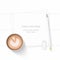 Flat lay top view elegant white composition paper coffe drink and pencil eraser on wooden background