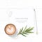 Flat lay top view elegant white composition paper coffe drink tarragon leaf and pencil eraser on wooden background