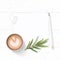 Flat lay top view elegant white composition paper coffee drink tarragon leaf and pencil eraser on wooden background