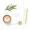 Flat lay top view elegant white composition paper coffee yellow pencil tarragon leaf and star shape craft on wooden background