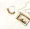 Flat lay, top view female accessories clutch bag and necklace golden color