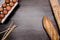 Flat lay top view of loaves of bread, sticks of bread an dozen of eggs