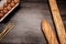 Flat lay top view of loaves of bread, sticks of bread an dozen of eggs