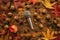 Flat lay top view microphone with autumn arrangement