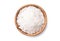 Flat lay top view Pure natural sea salt in wooden bowl