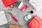 Flat lay top view shopping background with cosmetics and paper bags