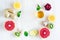 Flat lay, top view on vitamin C, honey, ginger root, lemon, kiwi, grapefruit, cranberries, garlic to maintain the immune system fo