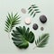 Flat lay tranquil wellness image featuring palm leaves and smooth stones