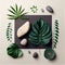 Flat lay tranquil wellness image featuring palm leaves and smooth stones