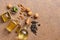 Flat lay a variety of vegetable oils - olive, sunflower, walnut, almond. Top view, place for text