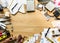 Flat lay of various technician tools on table