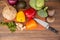 Flat lay of vegetables in cutting board