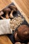 Flat lay view of dry powder made of shiitake mushrooms, Lentinula edodes.