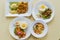 Flat lay view of various dishes of Asian Chinese Western food