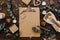 Flat lay Wedding planning. Craft clipboard with rustic decorations on wooden background