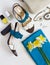 Flat lay Women`s shoes and accessories collage. Beauty and fashi