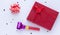 Flat layout, children`s whistle with gift box, birthday concept