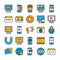 Flat line icon set, internet business ecommerce, digital online marketing shopping store