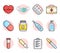 Flat line icons set of online medical support, family medicine, health insurance, pharmacy, medical services. Colorful web and