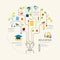 Flat line Infographic Education People and Pencil Tree Outline