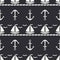 Flat line monochrome vector seamless pattern ocean boat with sail, anchor. Cartoon retro style. Regatta. Seagull. Summer