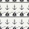 Flat line monochrome vector seamless pattern ocean boat with sail, anchor. Cartoon retro style. Regatta. Seagull. Summer