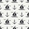 Flat line monochrome vector seamless pattern ocean boat with sail, anchor. Cartoon retro style. Regatta. Seagull. Summer