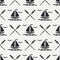 Flat line monochrome vector seamless pattern ocean boat with sail, paddle. Cartoon retro style. Regatta. Seagull. Summer