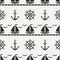 Flat line monochrome vector seamless pattern ocean boat, sail, steering wheel, anchor. Cartoon retro style. Regatta