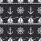 Flat line monochrome vector seamless pattern ocean boat, sail, steering wheel, anchor. Cartoon retro style. Regatta