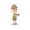 Flat little girl scout character holding binoculars in hands, summer camp activities