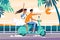 Flat man and woman couple riding on motorbike near summer sea.