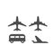 Flat map signs of airplane in different positions and bus isolated on white background
