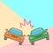 Flat minimal graphic image concept of car crash vector illustration, two automobiles collision, auto accident scene on pastel