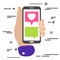 flat minimal hand holding mobile phone with chat message notifications and pink heart like social media icon. Arm with smartphone