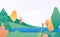 Flat minimal landscape. Autumn nature scene with yellow, green trees and river. Fall panorama with lake. Trendy vector