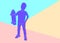 Flat minimal violet silhouette of boy standing with a skateboard