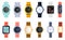 Flat modern, classic and luxury wrist watches with bracelet. Smart watch, accessory hand clock for men and women